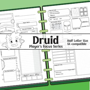 May include: A green and white open notebook with a detailed layout for a Druid character sheet. The title "Druid Player's Focus Series" is displayed. Includes sections for actions, movement, and other game-related information.