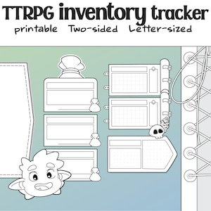 Può includere: Un tracker di inventario TTRPG stampabile con il testo TTRPG inventory tracker, printable, Two-sided, Letter-sized. Il design presenta disegni al tratto in bianco e nero di slot di inventario rettangolari, una piccola creatura e un motivo a corsetto.