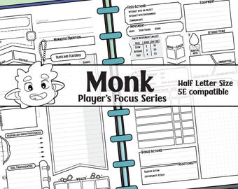 D&D 5E Character Sheet for Monks | Focus Series | Printable | Half Letter/Junior Size