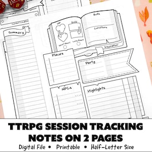Peut inclure: Un document imprimable, en noir et blanc, au format demi-lettre, sur deux pages, pour suivre les sessions de jeu de rôle sur table. Le document comprend des sections pour les détails de la campagne, le résumé, les lieux, les PNJ, le groupe, les points forts, les buffs, les conditions et l'inspiration.