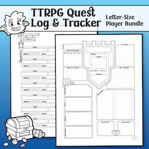 Puede incluir: TTRPG Quest Log & Tracker en blanco y negro, paquete de jugador tamaño carta. El diseño incluye un registro de misiones, motivaciones de grupo y ubicaciones clave. El texto incluye "Quest Log", "Urgency", "Status", "Quest" y "Reward".