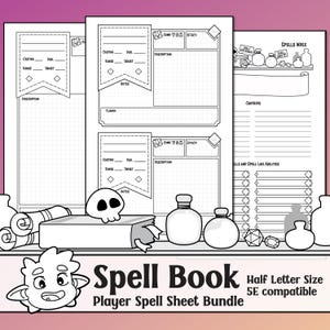 May include: Black and white Spell Book Player Spell Sheet Bundle. The image shows a collection of printable sheets with spaces for spells, notes, and a spells index. The text "Spell Book" and "Half Letter Size 5E compatible" are visible.