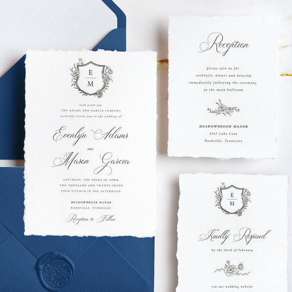 Formal Botanical Crest Monogram Wedding Invitation Suite Template
