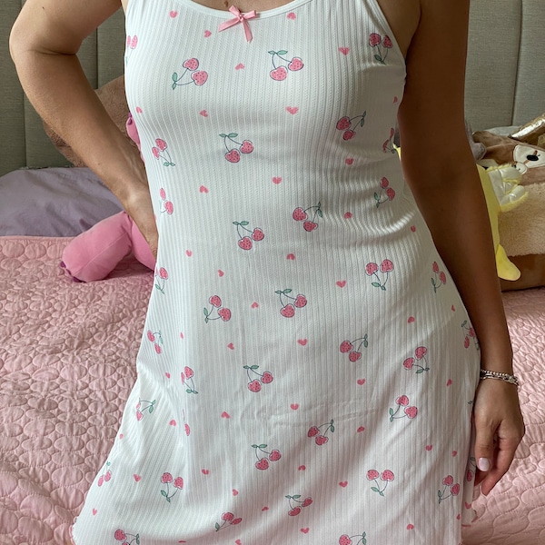 Cute Cherry and Flowers Print Slip Nightdress, Round Neck Backless Sleep Dress, Women's Sleepwear & Dresses