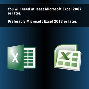 May include: A message stating that you will need at least Microsoft Excel 2007 or later, preferably Microsoft Excel 2013 or later. The message is accompanied by two green icons representing Microsoft Excel.