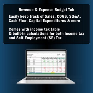 May include: A laptop computer displaying a spreadsheet with the title "Three-Year Expense Revenue and Profit" and the text "Revenue & Expense Budget Tab" on the screen. The spreadsheet includes columns for sales, COGS, SG&A, cash flow, capital expenditures, and more. The text on the screen also says "Comes with income tax table & built-in calculations for both income tax and Self-Employment (SE) Tax."