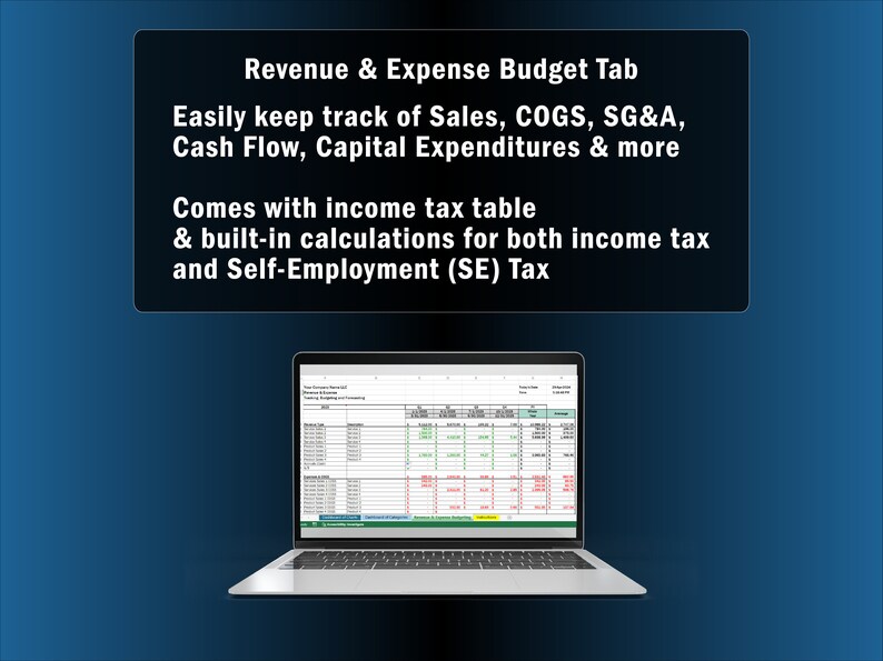 May include: A laptop computer displaying a spreadsheet with the title "Three-Year Expense Revenue and Profit" and the text "Revenue & Expense Budget Tab" on the screen. The spreadsheet includes columns for sales, COGS, SG&A, cash flow, capital expenditures, and more. The text on the screen also says "Comes with income tax table & built-in calculations for both income tax and Self-Employment (SE) Tax."