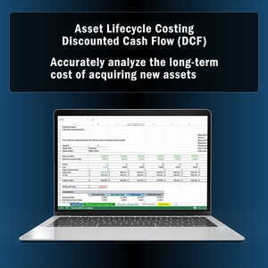 May include: A laptop computer displaying a spreadsheet with the title "Asset Lifecycle Costing Discounted Cash Flow (DCF)". The spreadsheet is used to accurately analyze the long-term cost of acquiring new assets.