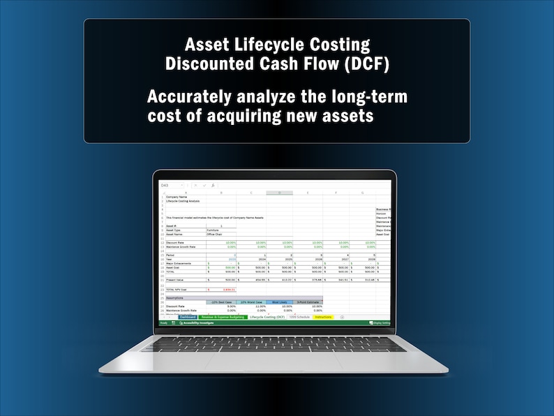 May include: A laptop computer displaying a spreadsheet with the title "Asset Lifecycle Costing Discounted Cash Flow (DCF)". The spreadsheet is used to accurately analyze the long-term cost of acquiring new assets.