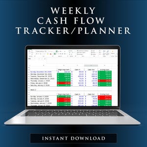 May include: A silver laptop displaying a Weekly Cash Flow Tracker/Planner spreadsheet with columns for Beginning Cash, Cash In, Cash Out, and Ending Cash. Cells are highlighted in green and red to indicate financial status. Text reads Instant Download.