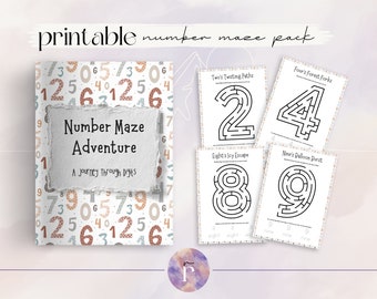 May include: A printable number maze pack for kids. The pack includes mazes for numbers 2, 4, 8, and 9. Each maze has a fun theme, such as "Two's Twisting Paths" and "Nine's Balloon Burst".