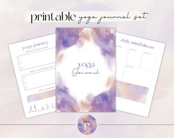 May include: Printable yoga journal set with a watercolor background. The journal includes pages for yoga poses, daily mindfulness, and a yoga journey.