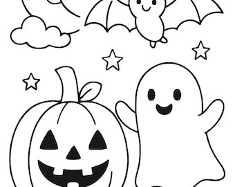 May include: Black and white Halloween-themed illustration featuring a smiling moon, stars, a bat, a jack-o'-lantern, and a friendly ghost. The word "HALLOWEEN" is written at the bottom in bold letters. Perfect for coloring or seasonal decor.