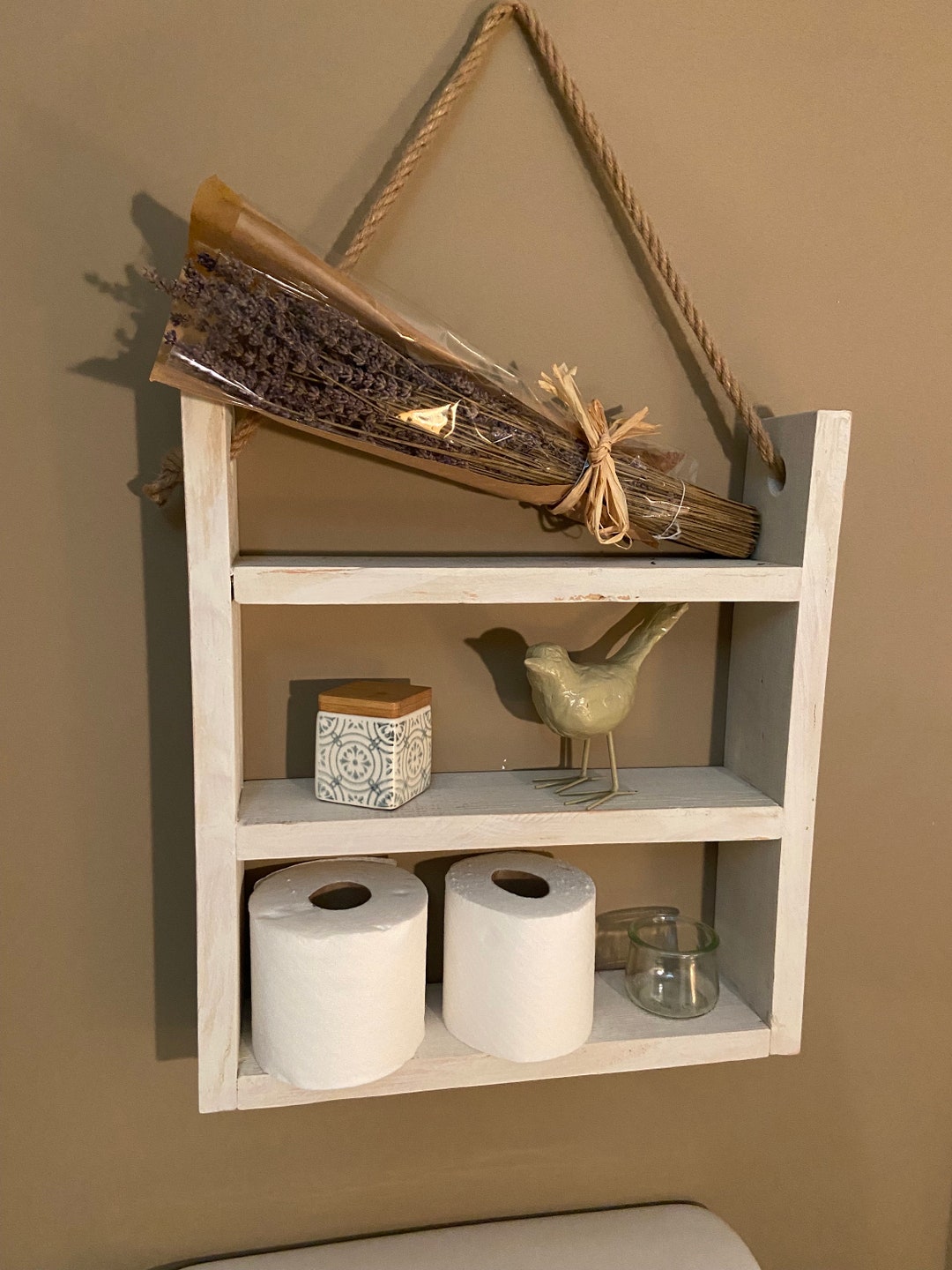 3 Tiered Wooden Shelves, Bathroom Storage Organizer, Hanging Rope Wall Shelf, Bathroom Decor ...