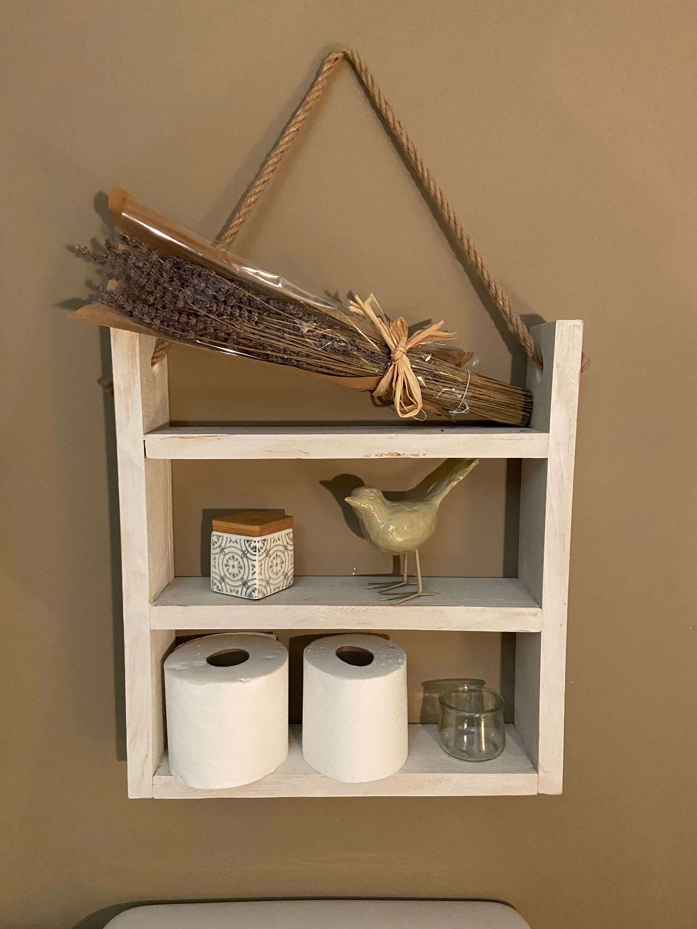 3 Tiered Wooden Shelves, Bathroom Storage Organizer, Hanging Rope Wall ...