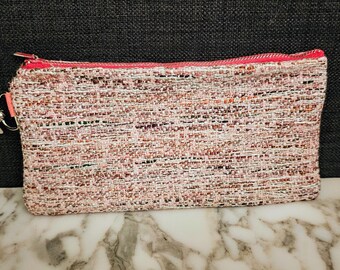 Handmade versatile pink fabric zipper pouch, makeup bag, pencil case, clutch purse, coin purse, made from repurposed fabric.