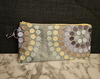 Handmade versatile fabric zipper pouch, makeup bag, pencil case, clutch purse, coin purse, made from repurposed fabric.