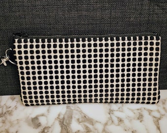 Handmade versatile fabric zipper pouch, makeup bag, pencil case, clutch purse, coin purse, made from repurposed fabric.