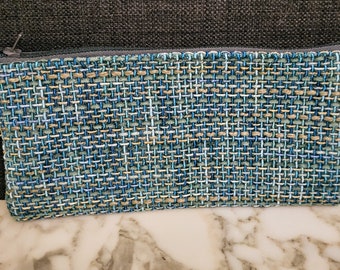 Handmade versatile blue fabric zipper pouch, makeup bag, pencil case, clutch purse, coin purse, made from repurposed fabric.
