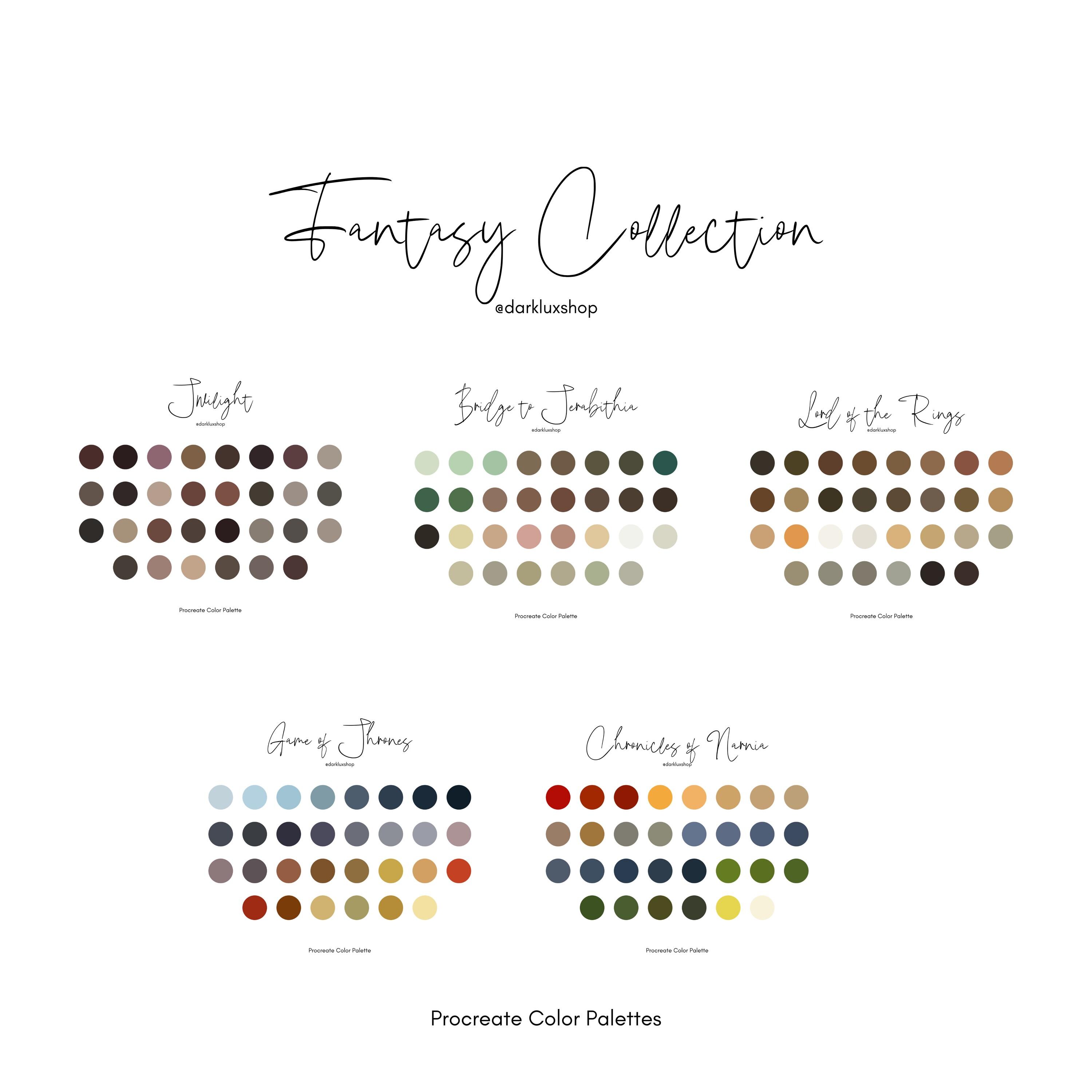 Paletas de colores de fantasía para Procreate – 5 sets de muestras curadas inspirados en películas y libros icónicos