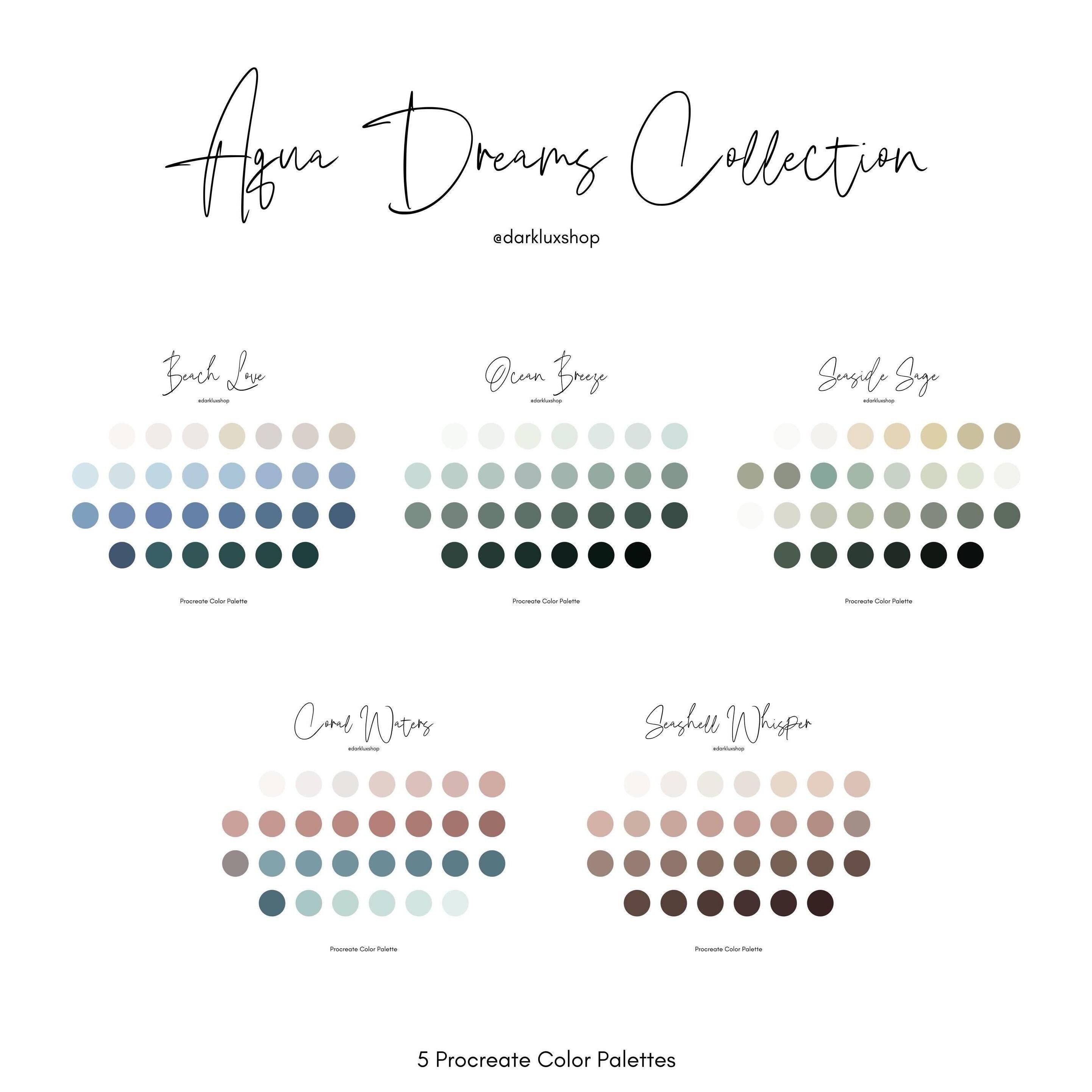 Paletas de color para Procreate — 150 tonos estéticos de océano y playa | Colección costera Aqua Dreams