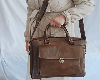 Full Grain Goat Leather Briefcase Handmade in Fes Vegetable Tanned Laptop Bag Unisex Travel Messenger with Luggage Strap Plus Gifts