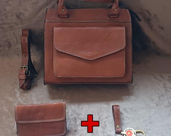 Handmade Goat Leather Tote Bag, Vegetable Tanned Leather Crossbody Artisanal Fes Satchel with Wallet  Keychain Set, Work Travel Everyday Bag