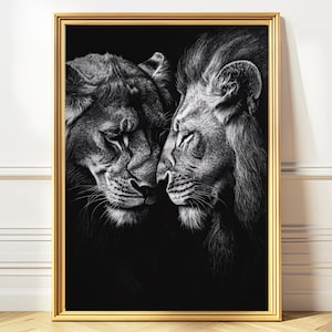 Löwenpaar Druck, Löwenliebhaber schwarzweiß Zeichnung, Löwe Wanddekor, Wildtier Thema Dekor, Safari Tiere, Paar Löwen Kunst
