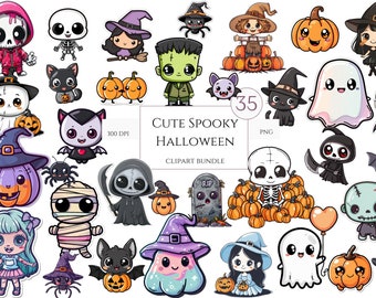 Puede incluir: Un conjunto de 35 imágenes de clipart de Halloween lindas y espeluznantes en formato PNG. Las imágenes presentan varios personajes, incluidos fantasmas, esqueletos, brujas, vampiros, momias y calabazas. Las imágenes son perfectas para crear manualidades, tarjetas y decoraciones con temática de Halloween.