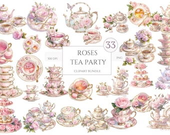 33 PNG Watercolor Vintage Roses Tea Time Clipart, Pastel Tea Clipart, Tea Time art, Flower Teacup Png, Tee-Illustration, Tea Party Bundle