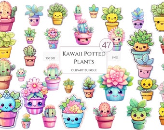 47 Kawaii Plants Clipart | Cactus Clipart | Plant Clipart | Cute Kawaii Clipart | Kawaii Flower Clipart | Kawaii Stickers | Commercial Use
