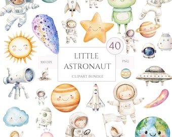 Watercolor Space Clipart | 40 PNG Cute Astronaut & Rocket Bundle | Cute Nursery Space Art | Stars, Alien, Moon, Spaceship | Commercial Use