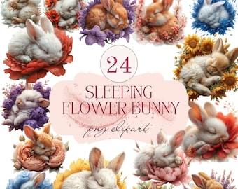 Bunny and flowers clipart bundle, 24 Bunny nursery print, Watercolor bunny graphics, with Transparent background and Commercial use