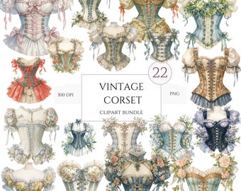 22 Watercolor corset clipart, Vintage corset clipart bundle, Vintage clipart, Victorian lady corset, Flowers clipart, Commercial Use