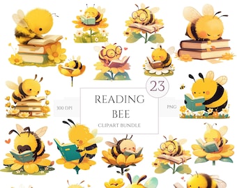 23 Cute Bee Clipart Watercolor PNG Bundle, Cute Baby Honey Bee Graphics Clipart PNG, Little Reading Bees Babyshower Nursery Beehive Clipart