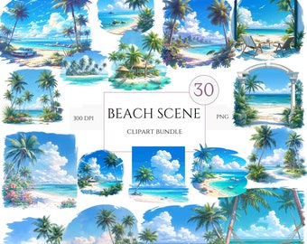 Watercolor Tropical Beach Collection Clipart, 30 PNG Beach Clipart, Tropical Palms Clipart, Beach Clipart, Summer Clipart, Commercial Use
