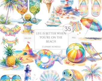 35 PNG Beach Clipart, Travel Clipart, Ocean Clipart, Summer, Cute Pool Party Clipart Bundle, Watercolour Beach Clipart, Commercial Use