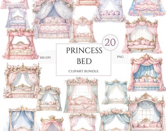 20 Magic Princess Bed Clipart, Pink Bedroom, High Quality PNG, Fairytale Clip Art, Baby Shower Wall Art, Girl Clipart, Cinderella Clipart