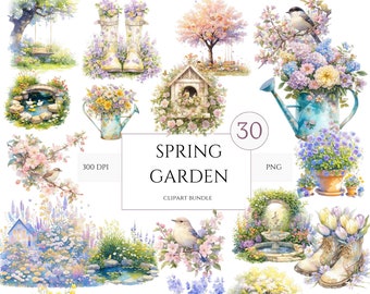 30 PNG aquarelle printemps jardin Clipart, jardin PNG Bundle, clipart arbre printemps, sublimation florale printanière imprimable avec un usage Commercial