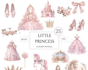 25 kleine prinses clipart aquarel prinses clipart sprookjes clipart prinses en kasteel, roze PNG prinses meisje ridder kasteel clipart