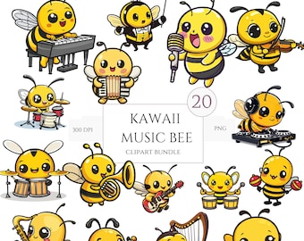 Mignon Kawaii abeille Clipart 20 PNGs, adorable bébé abeille graphique Clipart, autocollants kawaii, musique abeilles, babyshower pépinière ruche Clipart
