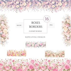 Imágenes prediseñadas de borde floral, borde de rosas, imágenes prediseñadas digitales, imágenes prediseñadas de acuarela, 16 JPG de alta calidad, descarga digital, artesanía de papel, diario basura