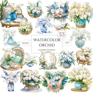 May include: A set of 33 watercolour orchid clipart images. The images feature white orchids in various arrangements, including bouquets, vases, and potted plants. The images are perfect for creating digital designs, invitations, and other projects.