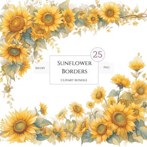 Aquarelle tournesol bordures Collection Clipart, 25 PNG tournesol Clipart, clipart tournesol PNG, Art botanique, PNG floral, usage Commercial