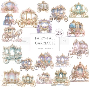 Bundle de cliparts carrosse de princesse, 25 PNG haute qualité, clipart carrosse de conte de fées, art mural baby shower, clipart fille, clipart Cendrillon