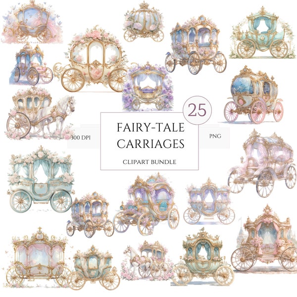 Princess Carriage Clipart Bundle, 25 High Quality PNG, Fairytale Carriage Clip Art, Baby Shower Wall Art, Girl Clipart, Cinderella Clipart