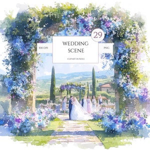 Conjunto de 29 PNG escena de boda acuarela clipart paquete, boho boda clipart, acuarela boda clipart paquete, novia clipart, lugar de la boda
