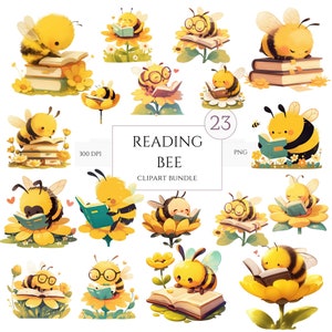 23 süßes Bienen Clipart Aquarell PNG Bundle, süßes Baby Honig Bee Grafiken Clipart PNG, kleine lesende Bienen Babyshower Kindergarten Bienenstock Clipart