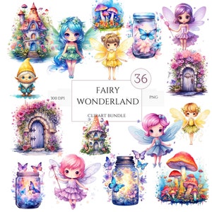 Feen-Wunderland-Clipart, magische Feen-Clipart, Fantasy-Clipart PNG, Aquarell-Feengarten-Clipart, kleine Feen, 36 Feen-PNG