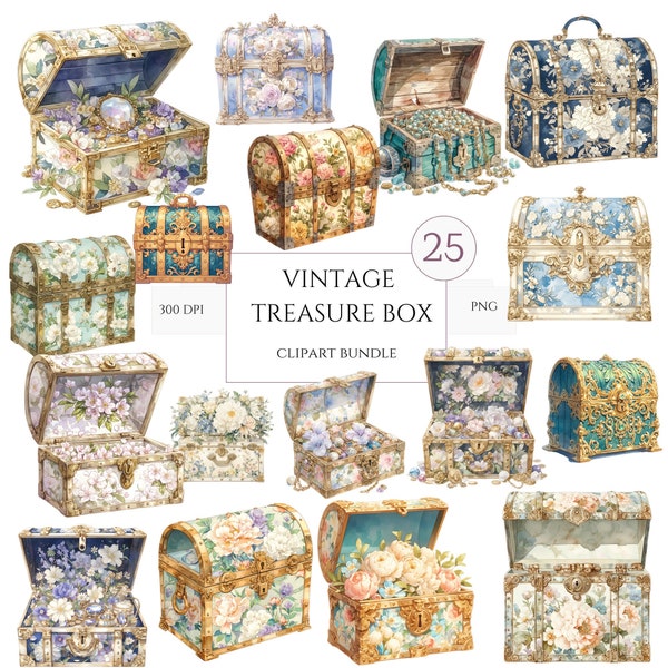 Old Texture Vintage Treasure Box, Treasured Keepsakes: 25 Watercolour PNG Vintage Chests Clipart Set - Commercial Use